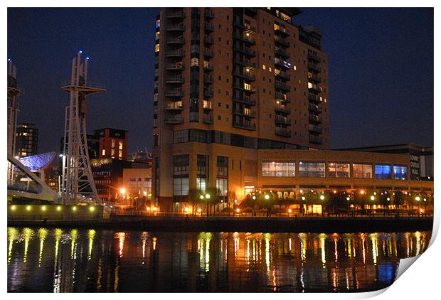 salford quays and lowry centre at dusk Print by JEAN FITZHUGH