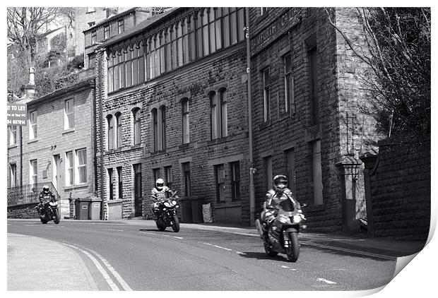 bikers in Holmfirth Print by JEAN FITZHUGH