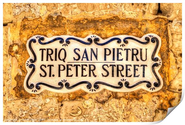 St Peter Street Sign Malta  Print by David Pyatt