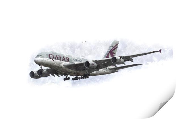 Qatar Airlines Airbus And Seagull Escort Art Print by David Pyatt