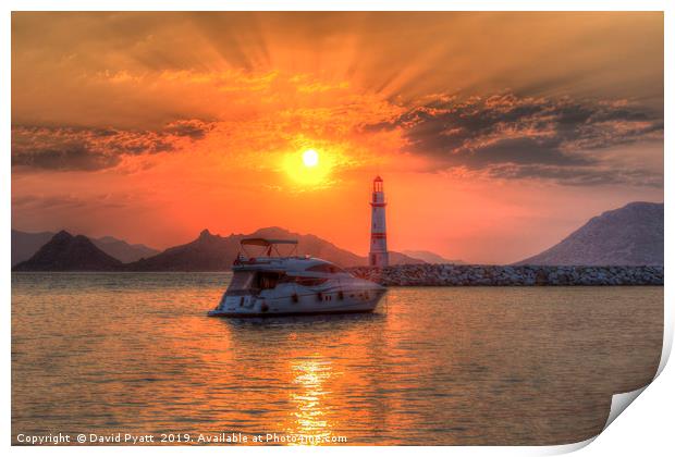 Lighthouse And Yacht Sunset Print by David Pyatt