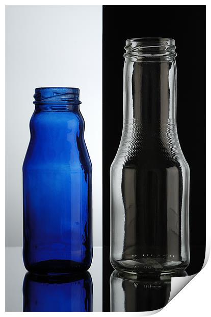Glass bottles. Transparent over black, blue over w Print by Josep M Peñalver