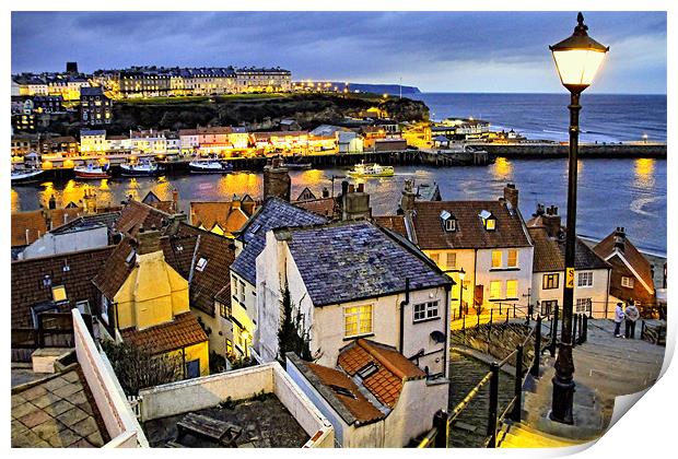 Dusk Glows Over Whitby Town from the 199 Steps Print by Paul M Baxter