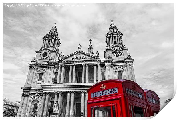  Red Phone boxes in front of black and white St Pa Print by Philip Pound