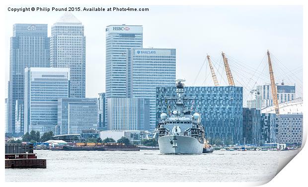 Royal Navy Warship at Canary Wharf in London Print by Philip Pound