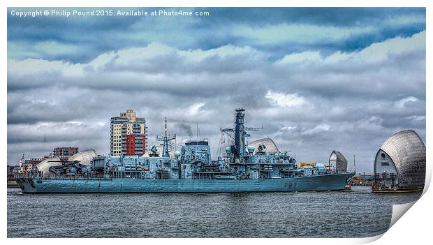 Frigate HMS St Albans at the Thames Barrier Print by Philip Pound