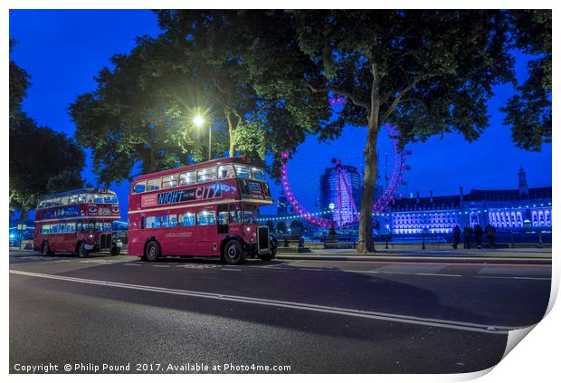 London Red Buses at Night on Victoria Embankment Print by Philip Pound