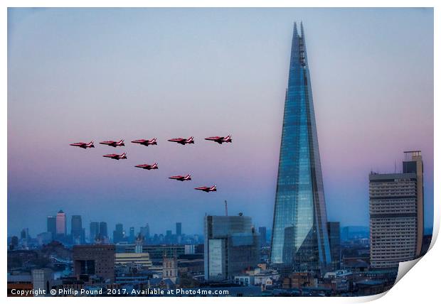 Red Arrows Fly Past Over The Shard and Docklands Print by Philip Pound