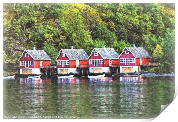 Red Boathouses at Flåm Print by Ian Lewis