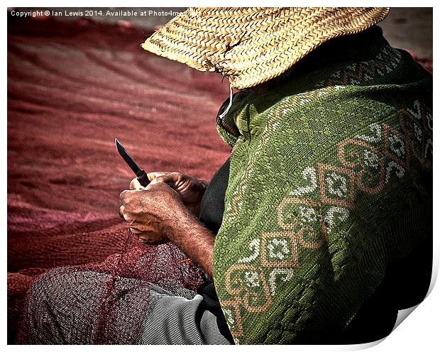 Fisherman Mending Nets at Essaouira Print by Ian Lewis
