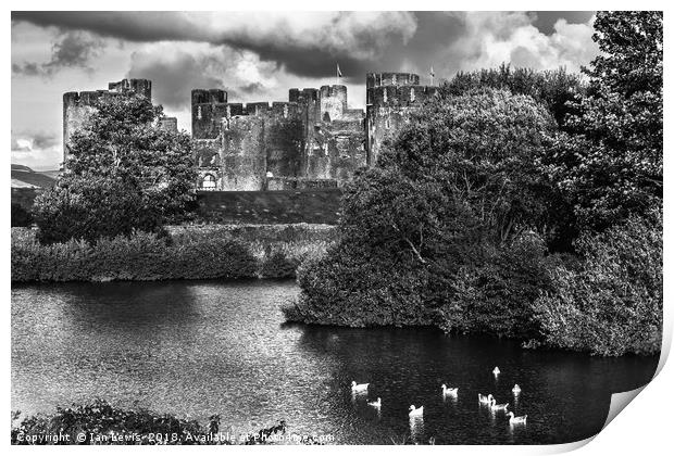 Caerphilly Castle Western Towers mono Print by Ian Lewis