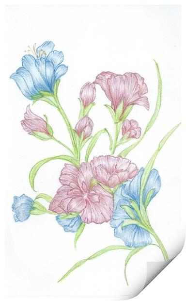 Blue & Red crayon flowers Print by Penelope Hellyer