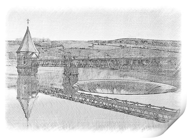 Pencil sketch Pontsticill Reservoir Print by Hazel Powell