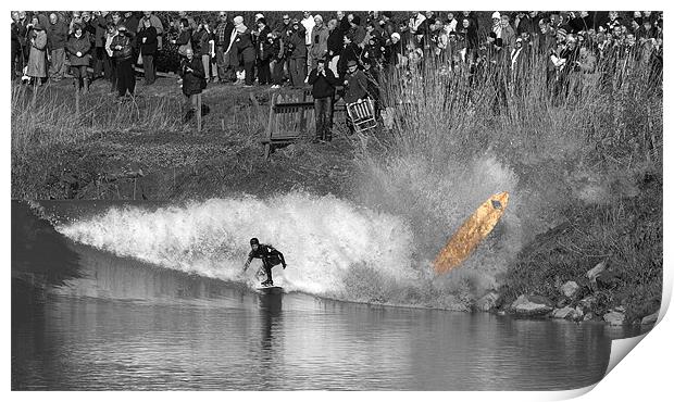 Brave surfer crashing wave Severn Bore  Print by mark humpage