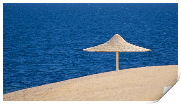 Beach sand sea and parasol Egypt Print by mark humpage
