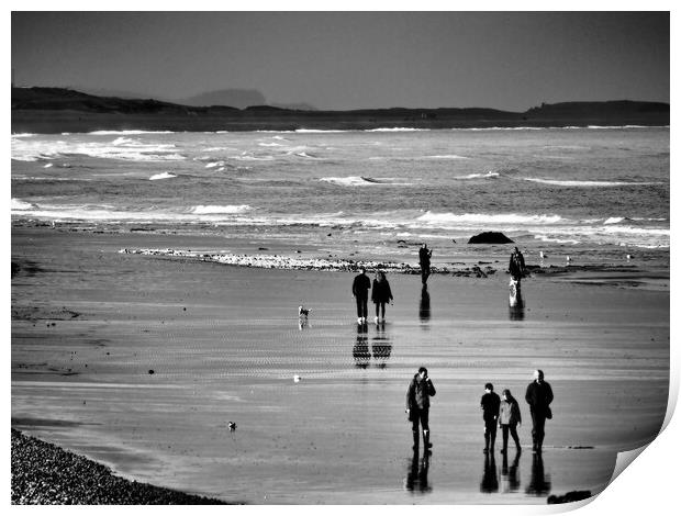 North Norfolk coast with people walking on beach black and white Print by mark humpage