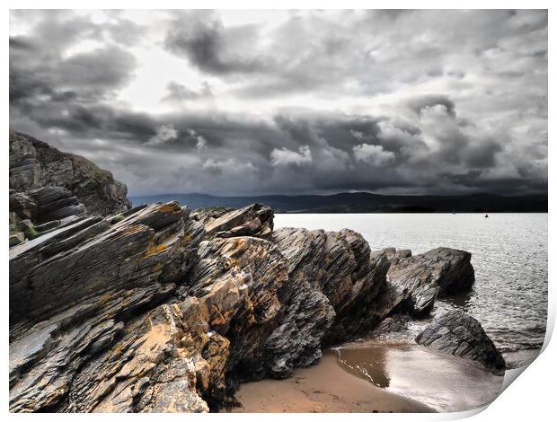 Wales beach sea and rocks with clouds in sky Print by mark humpage