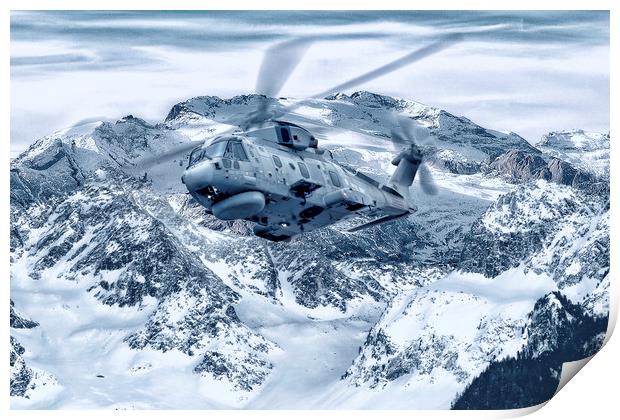 Snow Mountains Royal Navy Merlin Print by Rob Lester