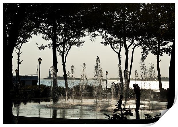 Fountain Contra Jour, Battery Park NYC Print by Kenny Partington