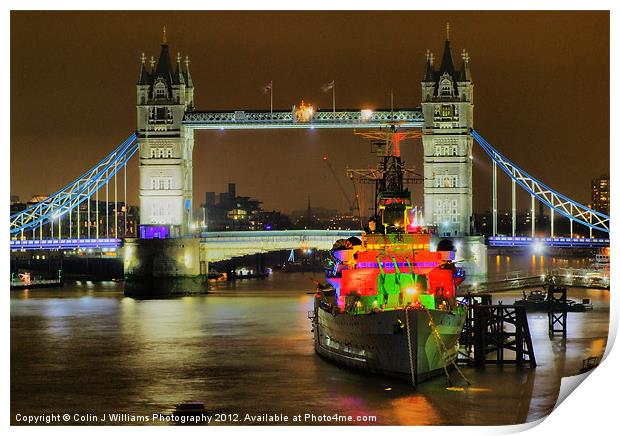 HMS Belfast From London Bridge - Night Print by Colin Williams Photography