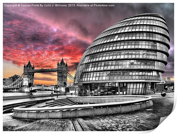 London Skyline - City Hall and Tower Bridge BW Print by Colin Williams Photography