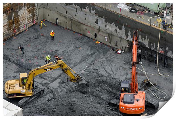 CONSTRUCTION SITE diggers and workmen in the found Print by Andy Smy