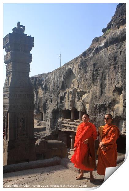 Monks Pose for a Picture at the Ellora Caves Print by Aidan Moran