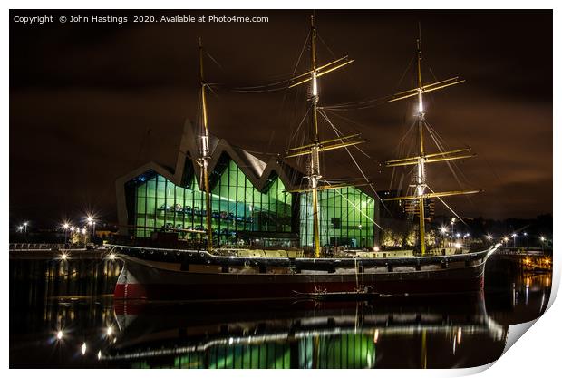 Illuminated Sailing Ship on River Clyde Print by John Hastings