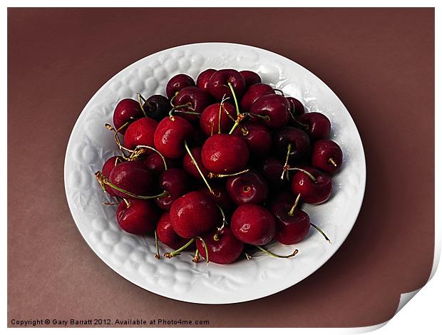 Cherries White Bowl On Red Print by Gary Barratt