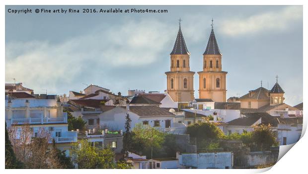 Twin spires of Orgiva town church, in the Alpujarras Spain Print by Fine art by Rina