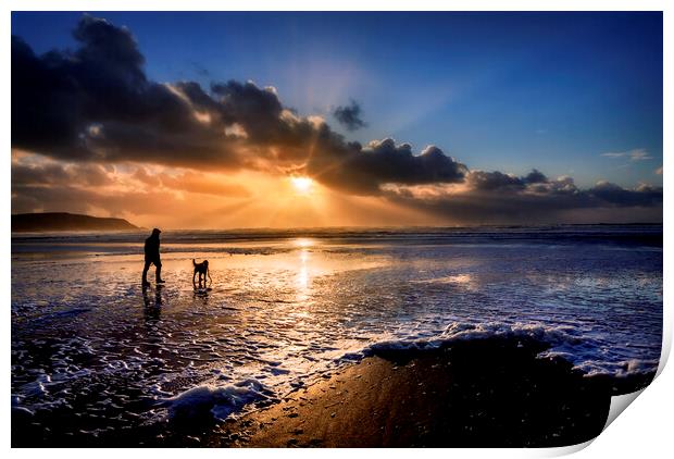 A dog walker at Widemouth Bay, Bude Cornwall. Print by Maggie McCall