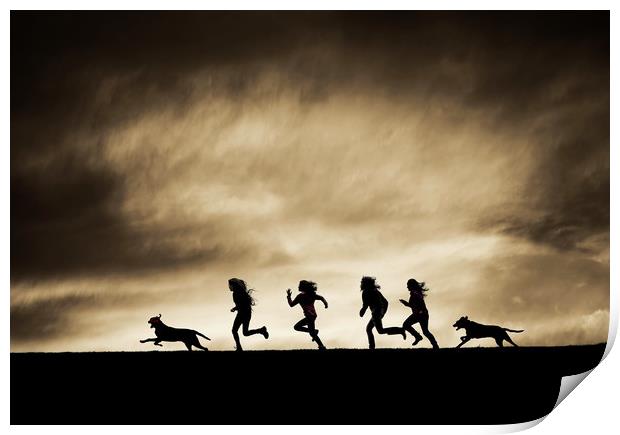  Silhouettes of running Girls and Dogs  Print by Maggie McCall