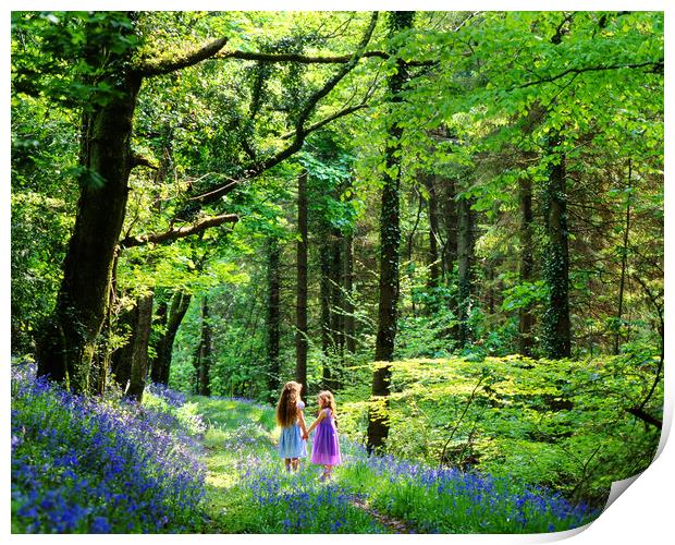 Little girls in Bluebell wood Print by Maggie McCall