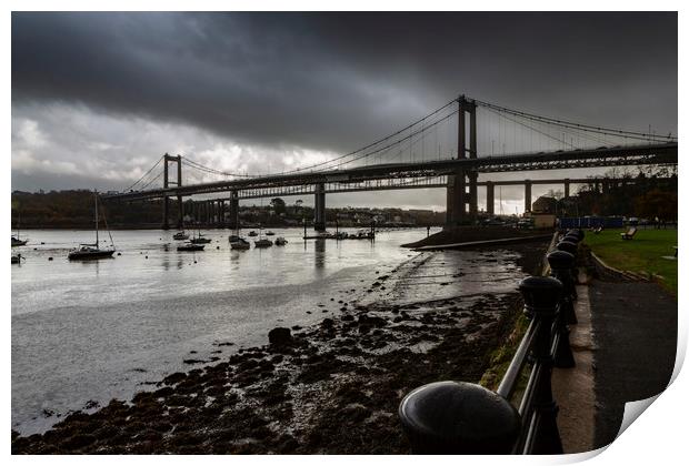 The Tamar Bridge over the Estuary at low tide. Print by Maggie McCall