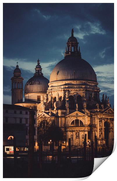 Santa Maria della Salute  at night in Venice Print by Maggie McCall
