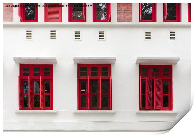 Red shuttered windows, Sinagpore Print by J Lloyd