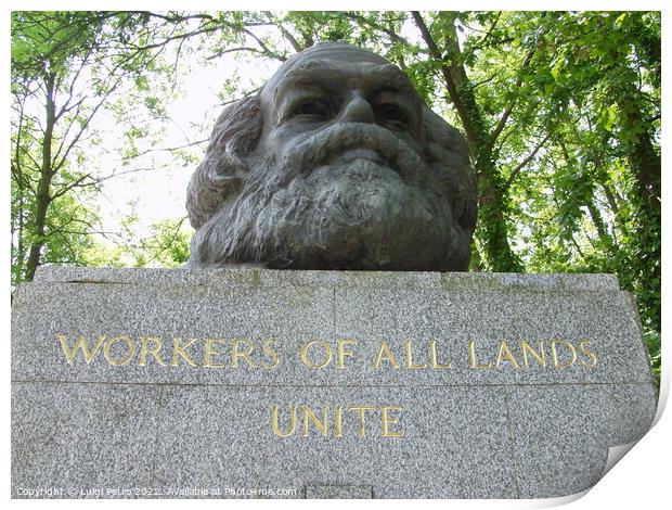 Bust of Karl Marx in Highgate cemetery, London, United Kingdom. Print by Luigi Petro