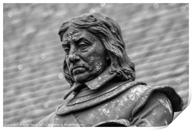 Close-up of Oliver Cromwell statue at London, England. Print by Luigi Petro