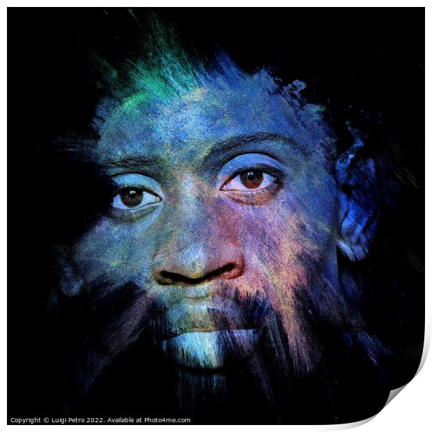 Young black man staring out of the dark. Print by Luigi Petro