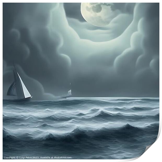 A solitary sailing boatt on choppy waters. Print by Luigi Petro