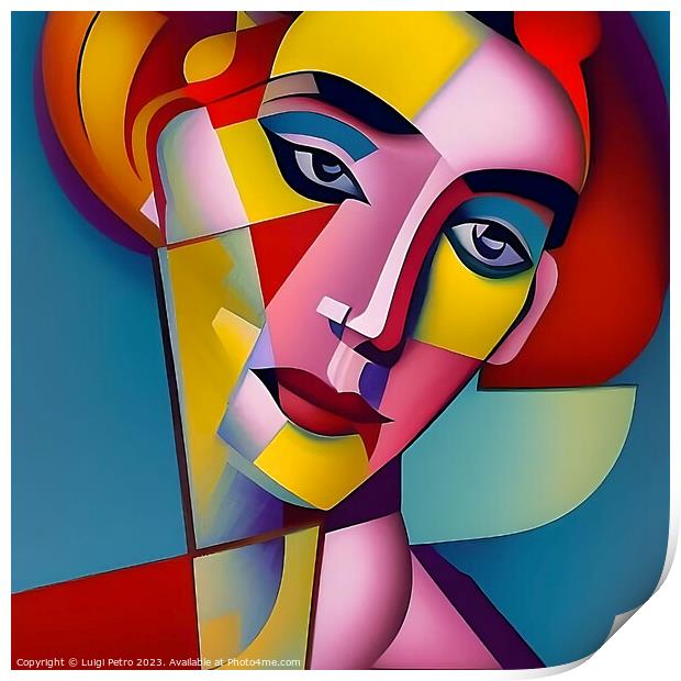 Cubist style portrait of a young woman. Print by Luigi Petro