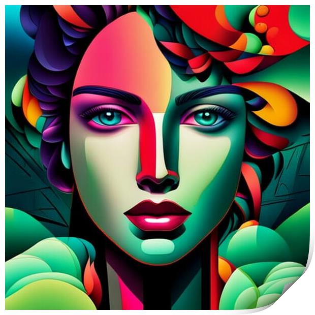 Cubist style portrait of a young woman. Print by Luigi Petro