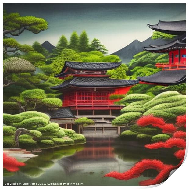 Tranquil Reflections. A Serene Japanese Oasis. AI  Print by Luigi Petro