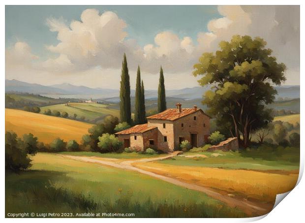 Farmhouse amnt rolling hills of Tuscany, Italy. Print by Luigi Petro