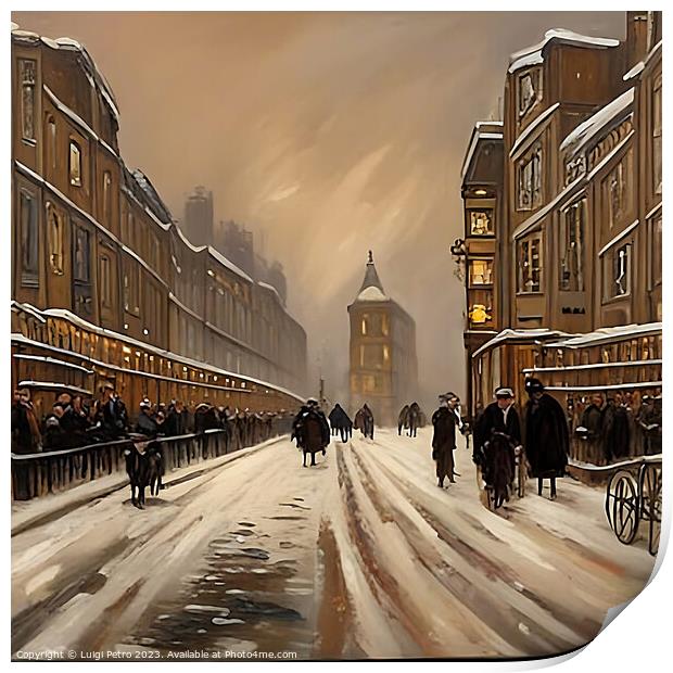 "Ethereal Victorian Cityscape: A Snowy Nocturnal J Print by Luigi Petro