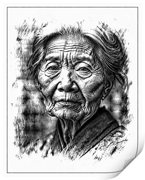 Front view portrait of an abstract mature woman. Print by Luigi Petro