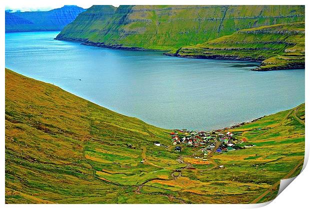  Mountains and small village in the Faroe Islands Print by Sue Bottomley