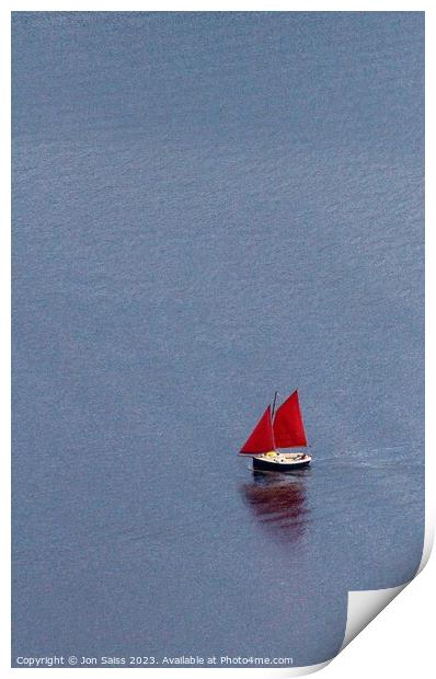 boat with red sails Print by Jon Saiss