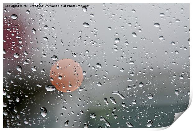 Raindrops and orange circle on window Print by Phil Crean