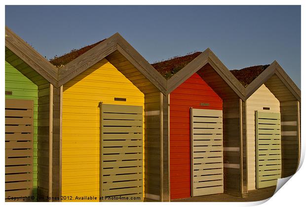 Vibrant Beach Huts at Sunrise Print by Jim Jones